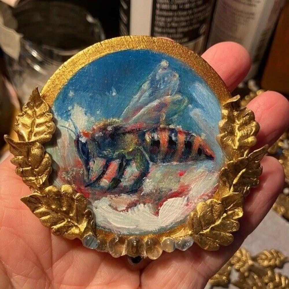 Honeybee Bee Painting Ornament Gold Accent Art painting miniature by Artettina